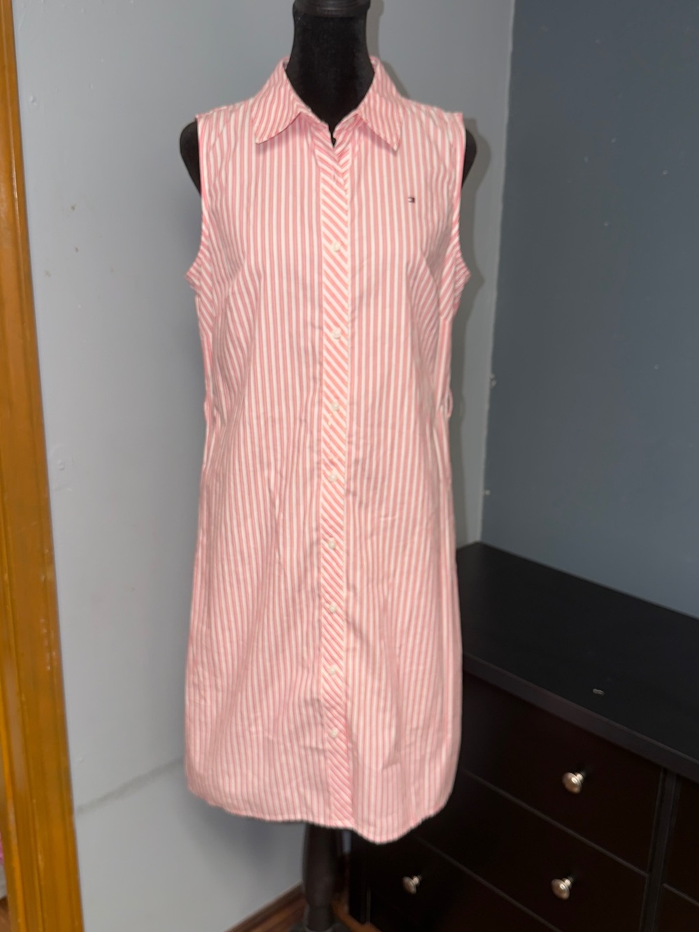 Tommy Hilfiger Pink and White Sleeveless Striped Midi Shirt Dress